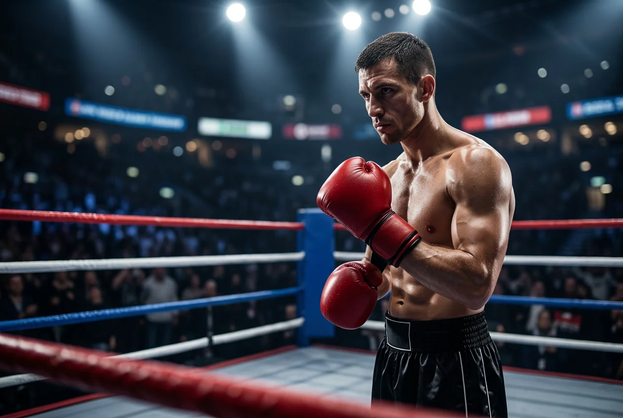 Boxeador profesional preparándose para un combate en el cuadrilátero con guantes rojos
