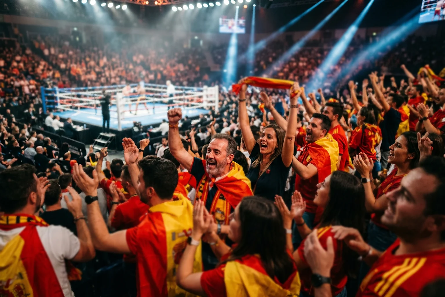 Aficionados españoles animando en un pabellón deportivo durante una velada de boxeo profesional