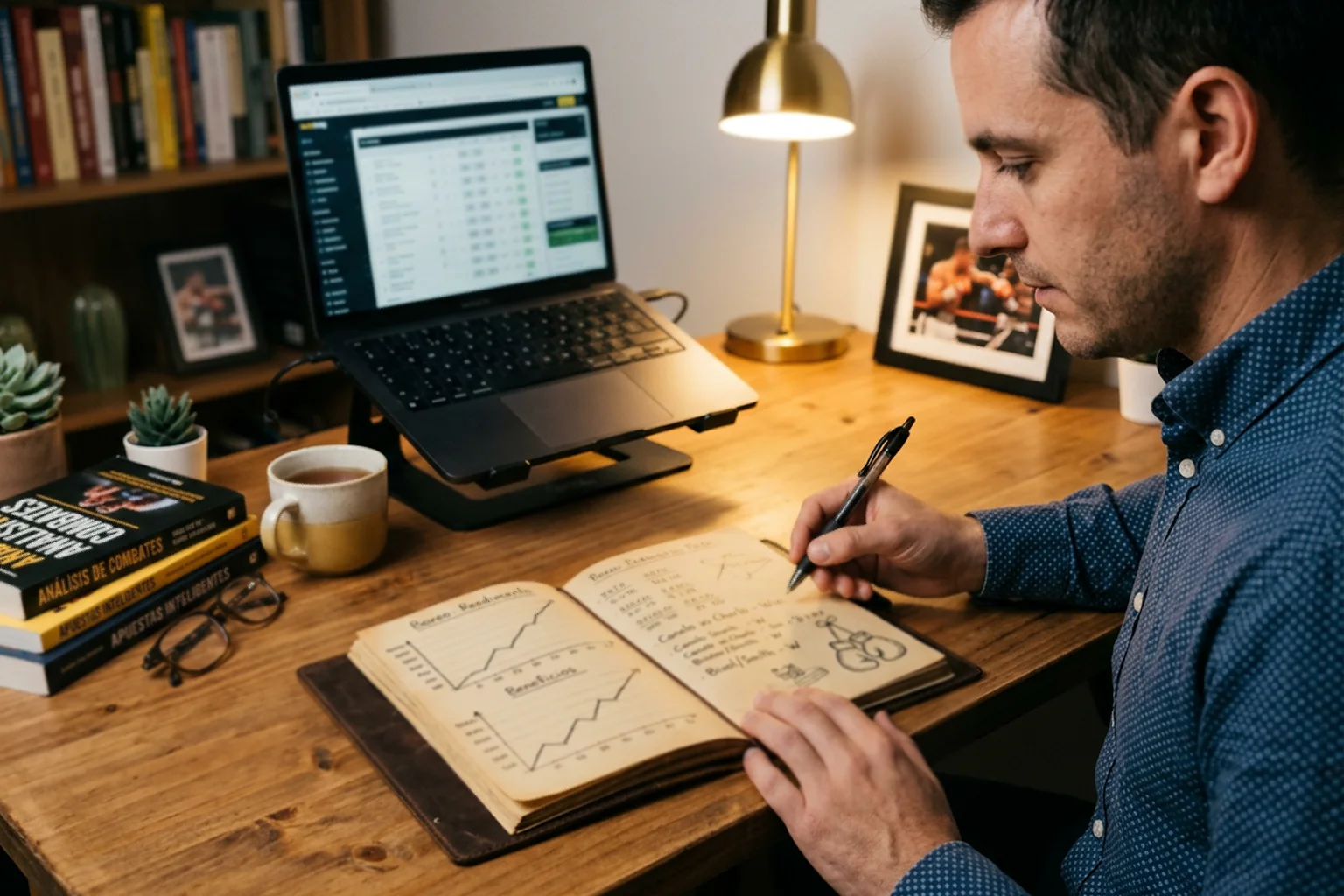 Analista revisando gráficos de rendimiento de apuestas en un bloc de notas junto a una laptop