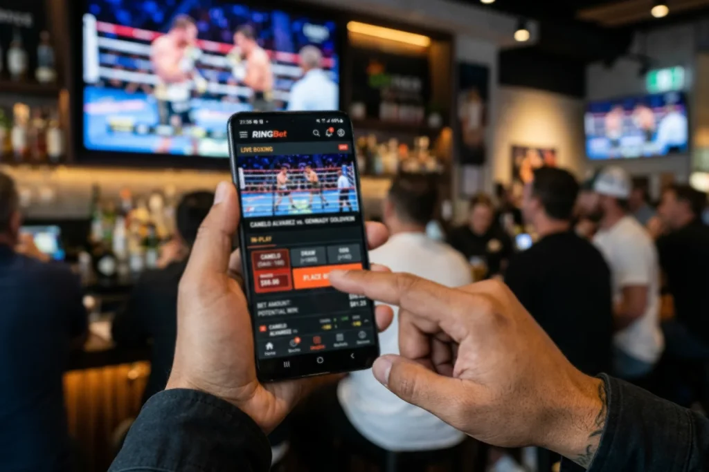 Smartphone mostrando app de apuestas con combate de boxeo