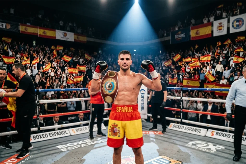 Boxeador profesional español en el ring con bandera de España
