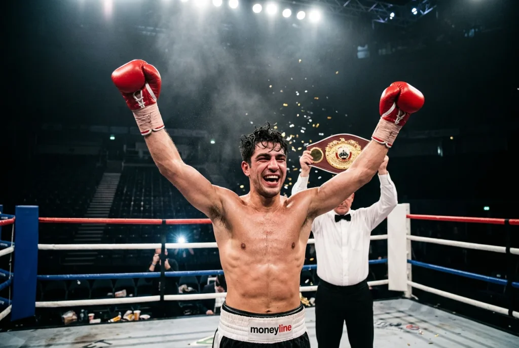 Boxeador celebrando victoria en el ring con guantes alzados