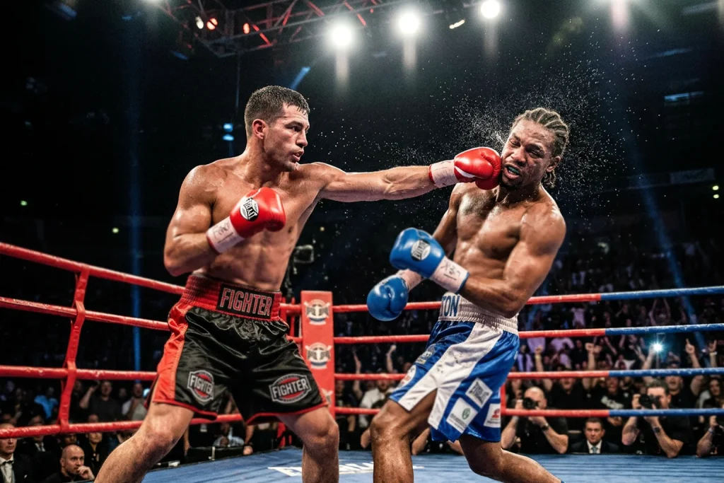 Boxeador conectando un golpe decisivo en un round de boxeo