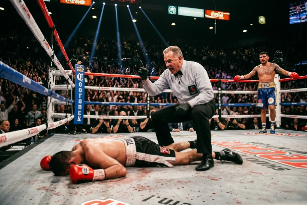 Boxeador caído en la lona durante un combate de boxeo profesional