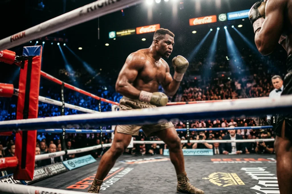 Boxeador de peso pesado mostrando su potencia y fisico imponente