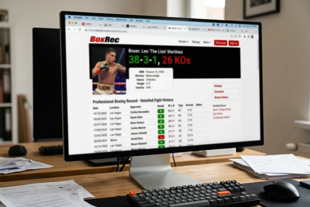Perfil de BoxRec mostrando récord completo de un boxeador