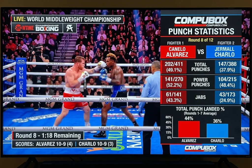 Pantalla de CompuBox mostrando estadísticas de golpes en combate