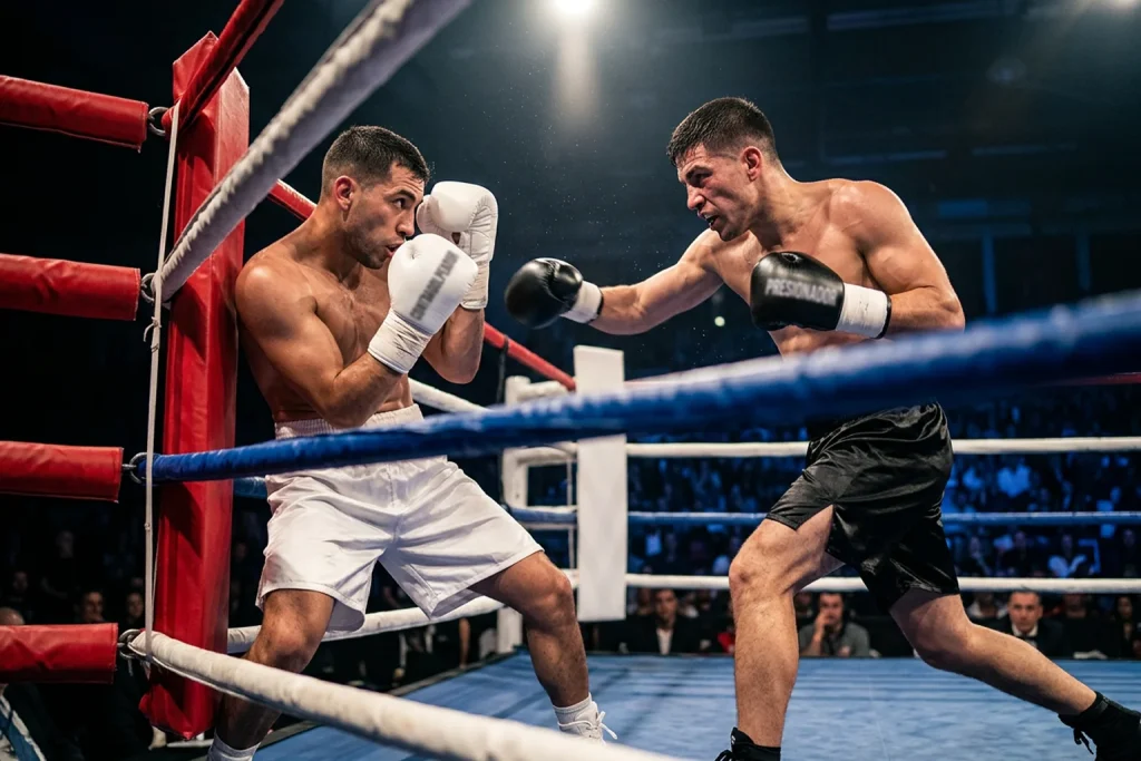 Dos boxeadores con estilos diferentes enfrentandose en el ring