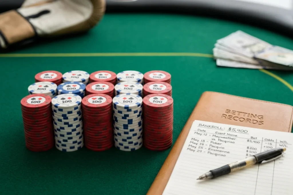 Fichas de apuestas ordenadas en cantidades iguales para flat betting