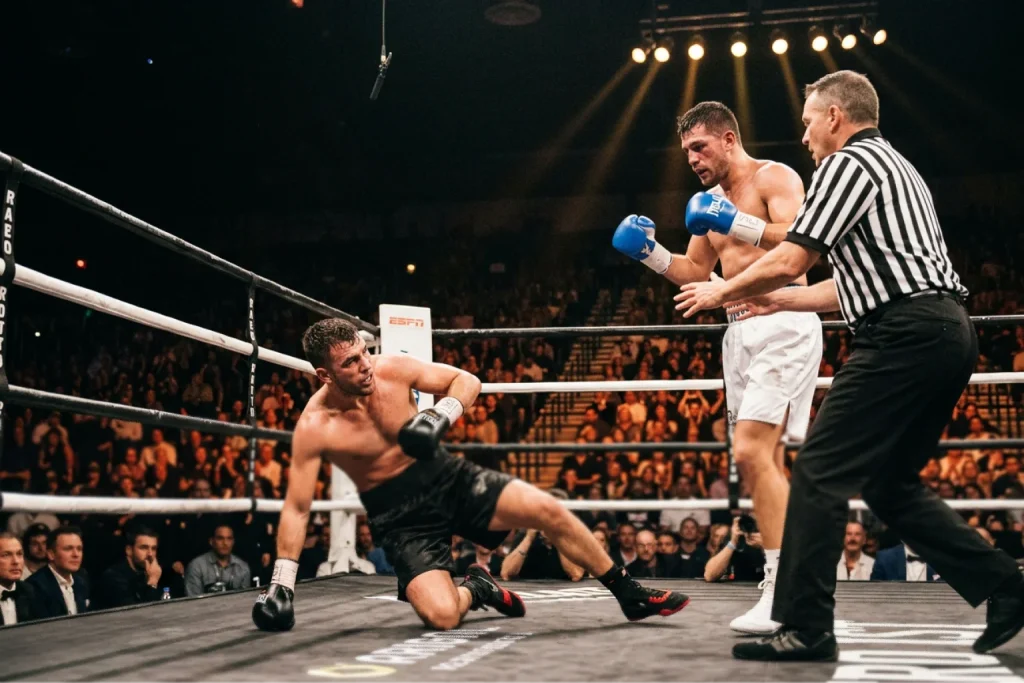 Boxeador siendo derribado durante combate para apuesta de knockdown