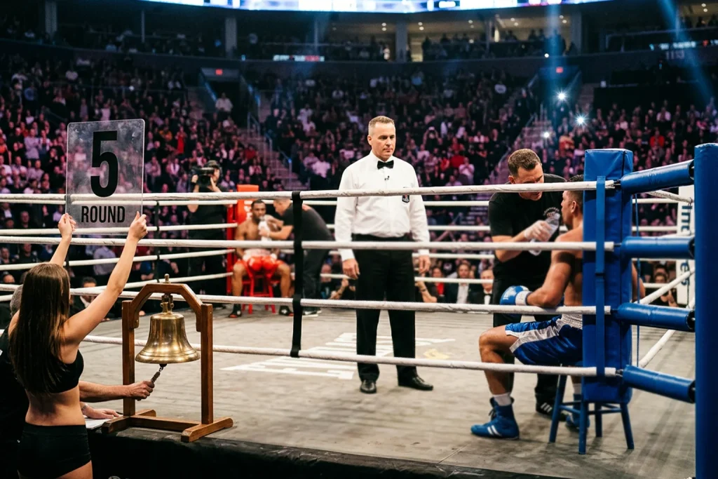 Esquina del ring de boxeo con campana y contador de asaltos