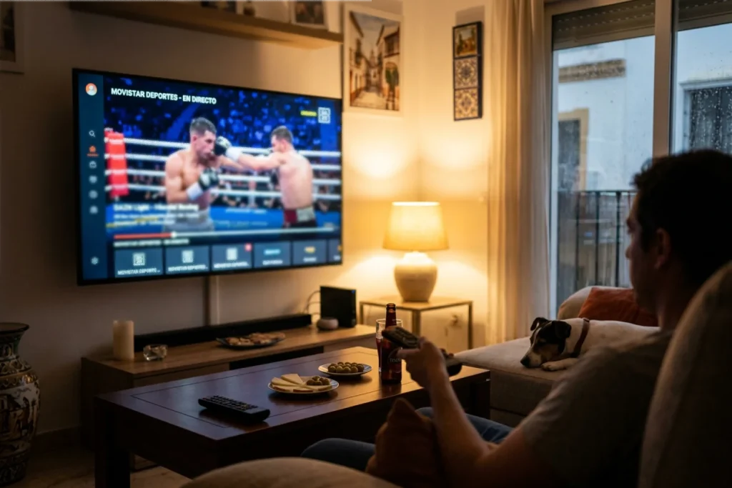 Televisión mostrando combate de boxeo en streaming